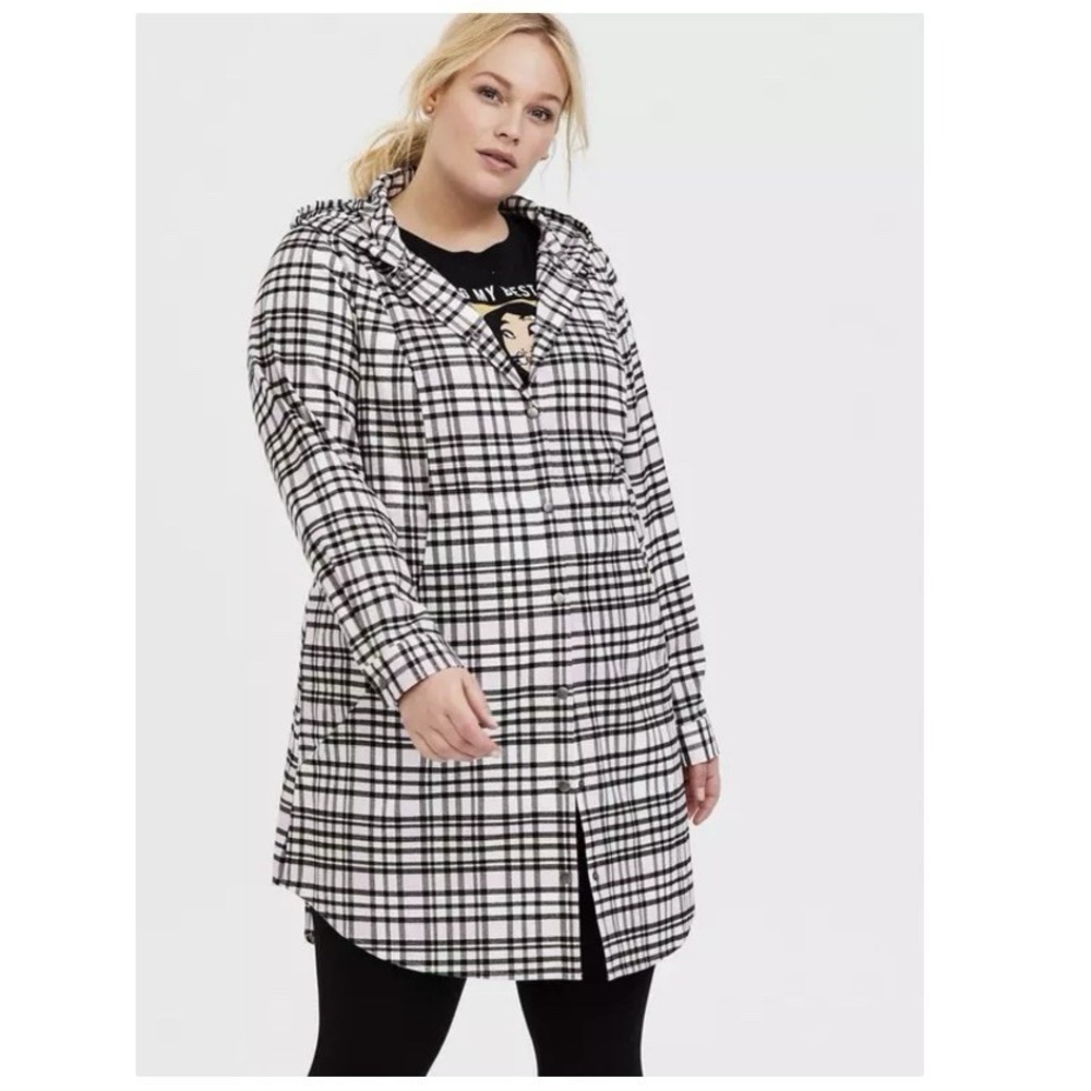 Torrid Black Pink Plaid Hooded Flannel Anorak Snap Jacket Size 1X Pockets